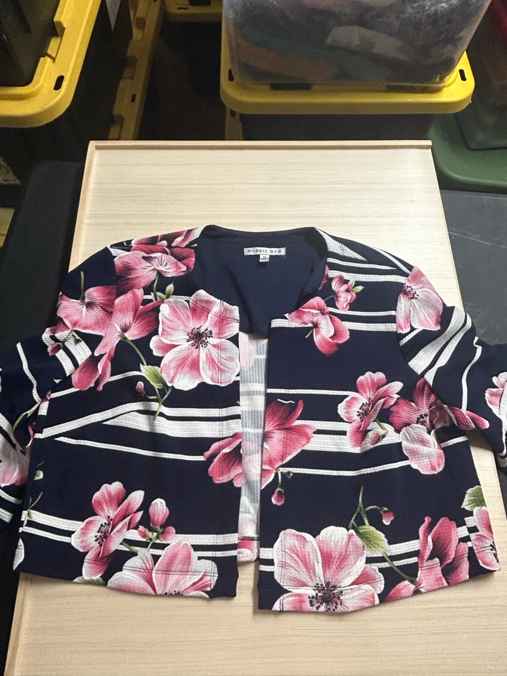 Robbie Bee Women’s XL Navy Pink Floral Stripe 3/4 Sleeve Top